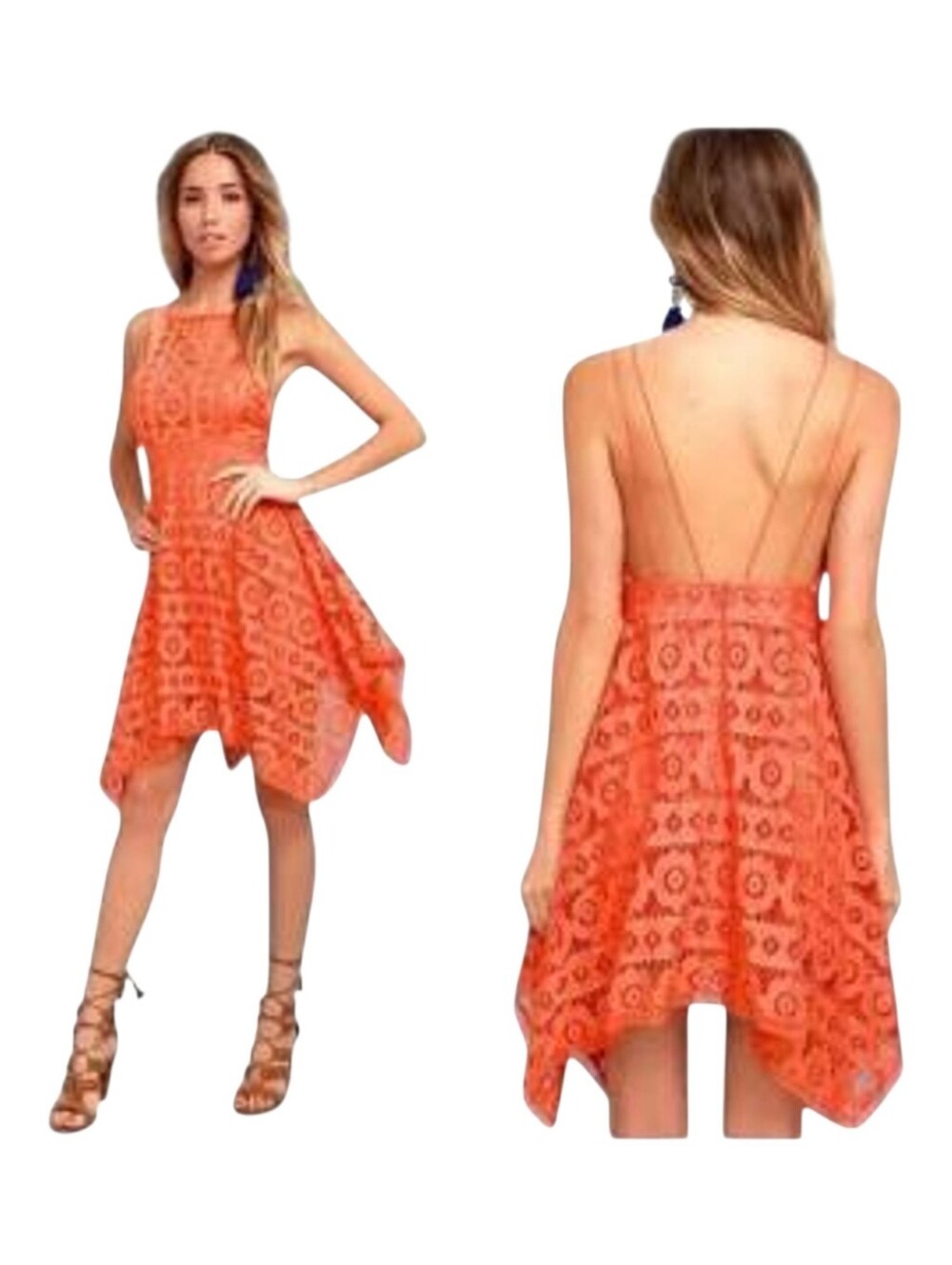 Free People Just Like Honey Crochet Lace Dress Size 8 Orange Handkerchief Hem